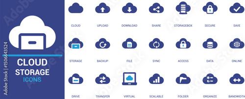 Modern cloud storage icons set for upload, download, sync, data access, backup, security, and sharing. Perfect for web, apps, UI, UX, and tech designs.
