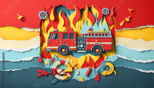 Dynamic paper art depicting a fire truck amidst flames and water, ideal for children's room decor, educational materials, or a safety-themed event, with a vibrant, illustrative style.