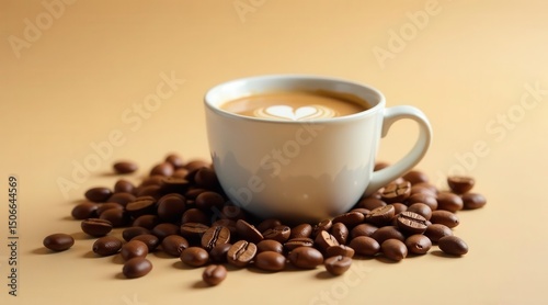 Aromatic Coffee Drink with Heart Design in a Mug Resting on Roasted Coffee Beans