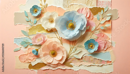 Charming layered paper flowers in pastel tones, ideal for scrapbook embellishments, handmade cards, or delicate wall decor, offering a sweet, whimsical aesthetic.