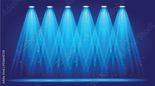 Blue spotlight stage background with glowing particles and lighting beams