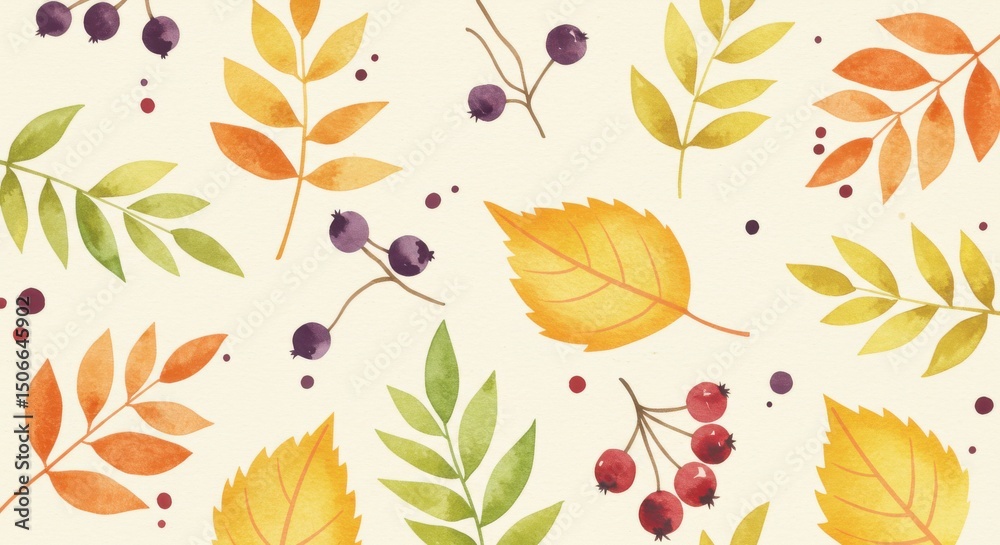 Obraz premium Autumns watercolor whispers leaves berries gently scatter on a cream canvas