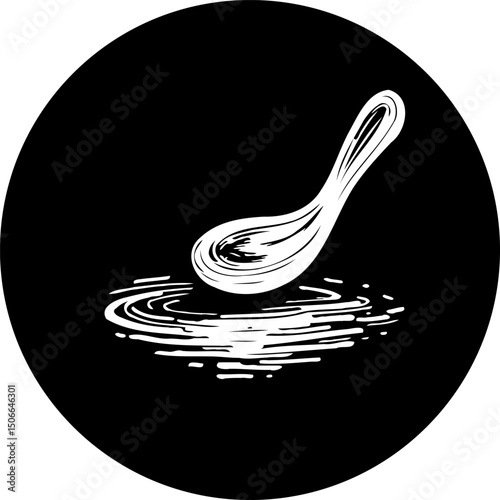 Minimalist depiction of a spoon resting in a ripple, set against a black backdrop