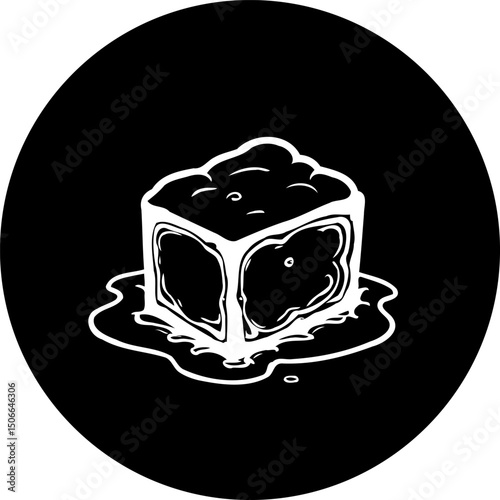 Monochrome melting ice cube depiction on black circular background isolated