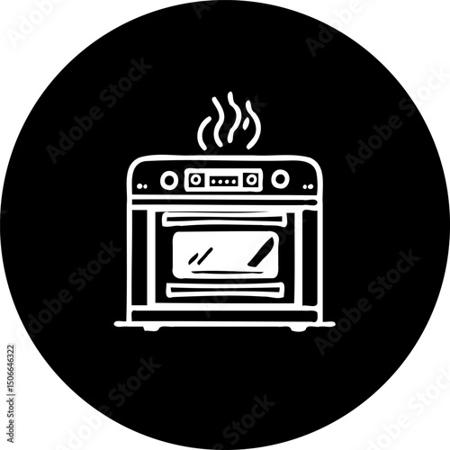 Stylized black circle icon featuring a vintage appliance with vapor waves illustration
