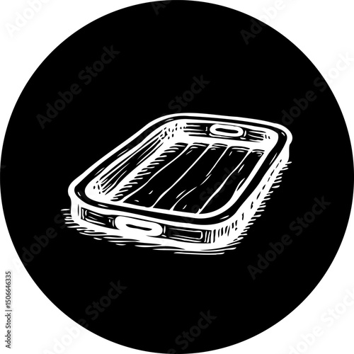Monochromatic rendering of a grilling pan against a minimalist black backdrop