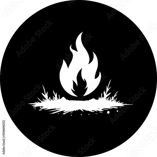 Monochromatic emblem portraying stylized fire within a circular frame