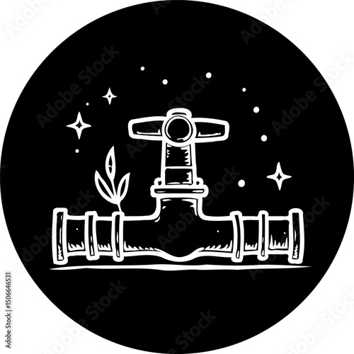 Abstract pipe and valve illustration against a black background with bright stars