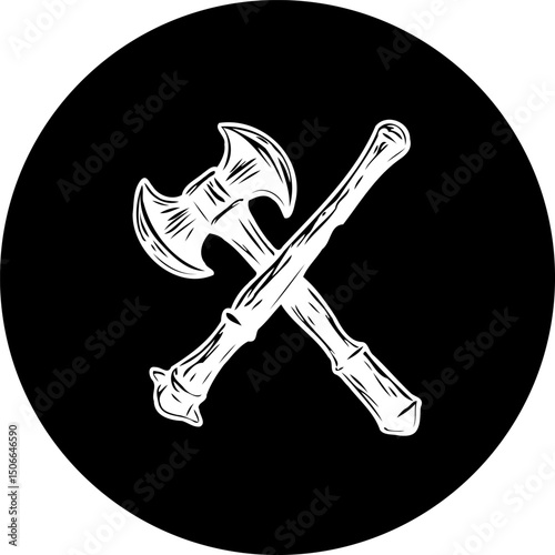 Stylized Crossed Axes Emblem: Bold Contrast Illustrative Symbolic Heritage