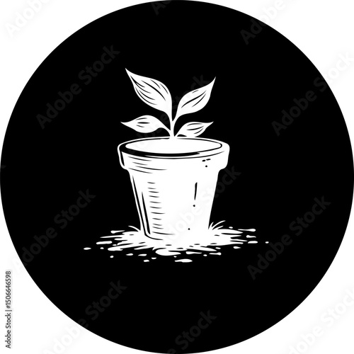 Minimalist depiction of a seedling growing in a pot on a circular emblem