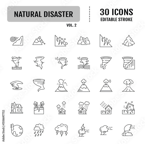 Natural disaster line icon set. Editable stroke. Vector illustration
