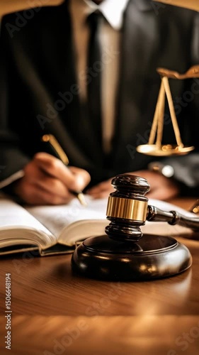 Legal professional writing in a book, with a gavel and scale of justice on a wooden desk in a law office setting.