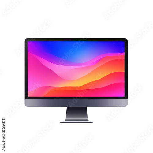 A sleek modern desktop computer displaying a vibrant colorful abstract on transparent background