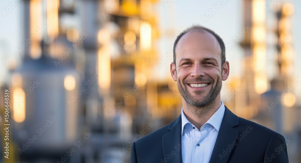 Fototapeta premium Cheerful Petroleum Engineer Posing Confidently at Oil and Gas Refinery Site