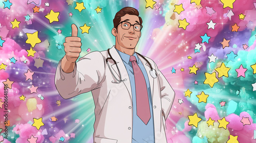 Cartoon doctor character in a white coat giving thumbs up, surrounded by colorful stars and vibrant background, conveying positivity and health awareness in a playful illustration. Pediatrician