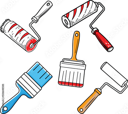 A collection of paint rollers and brushes in various colors scattered on a white background space