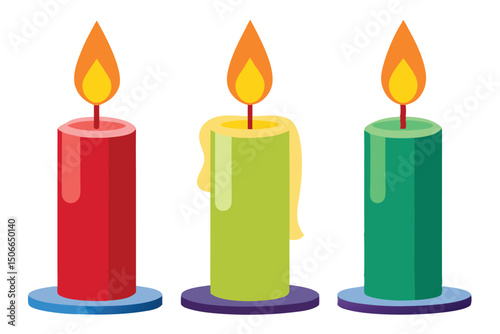 Vibrant Colorful Candles Red, Green, and Yellow Candle Illustrations