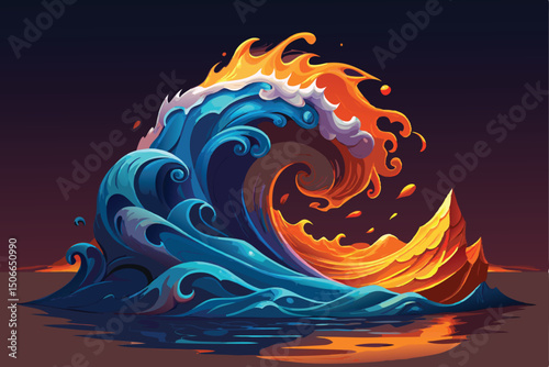 Clash of Elements Fire and Water in a Dynamic Wave Illustration