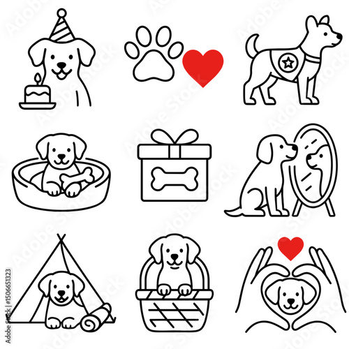 Vector icon set featuring playful dogs in various fun activities, Dog's day concept