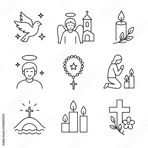 Religious symbols and icons including angels and candles concept of vector icon set  