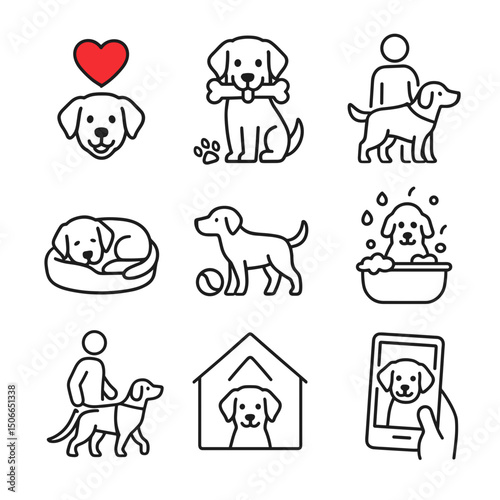 Vector icon set of dogs and related activities including playtime, Dog's day concept  