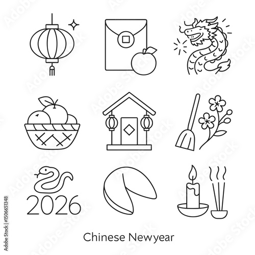 Line art icon set representing Chinese New Year celebrations with symbols  