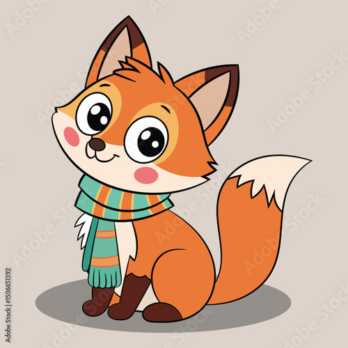 Cute Fox Sitting With Scarf In Autumn Cartoon Illustration