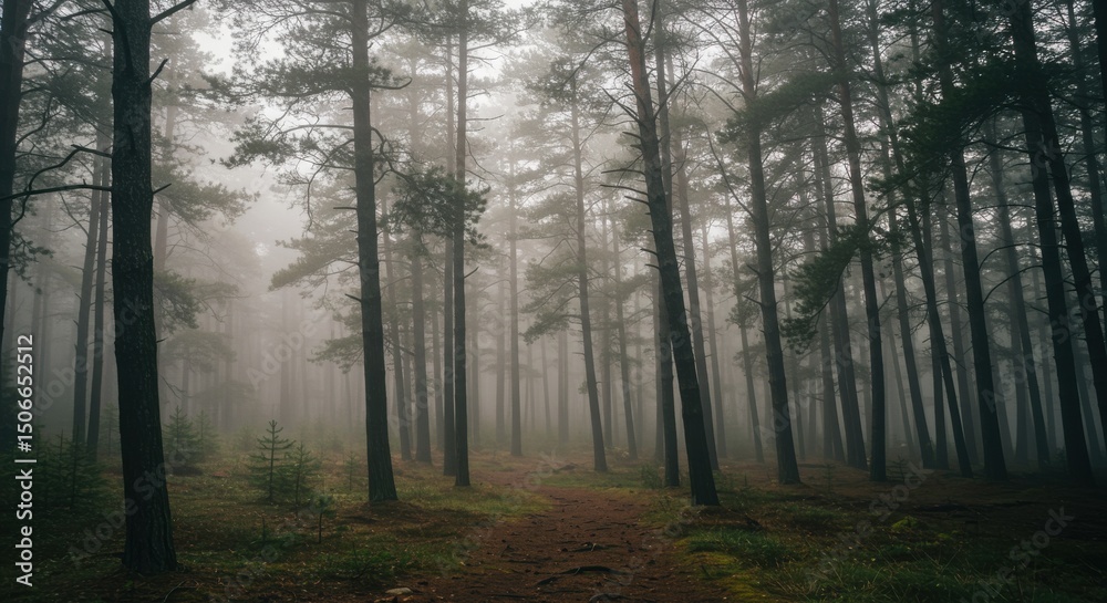 Obraz premium Misty pine forest path shrouded in dense fog and towering trees