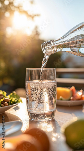 Pure mineral water is poured from plastic bottle into glass on table surrounded by fresh fruits and bowl of salad, demonstrating healthy lifestyle and wellness. Breakfast. Magic morning.