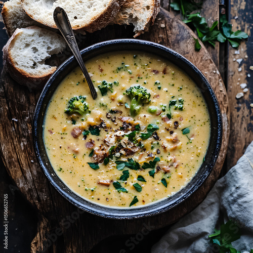 Warm and Hearty Broccoli Cheddar Soup for Cold Days / Homemade Broccoli Cheese Soup with Golden Cheddar Melt photo