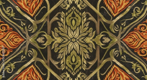 Wallpaper Mural Ornate floral symmetry Golden leaves on dark backdrop Torontodigital.ca