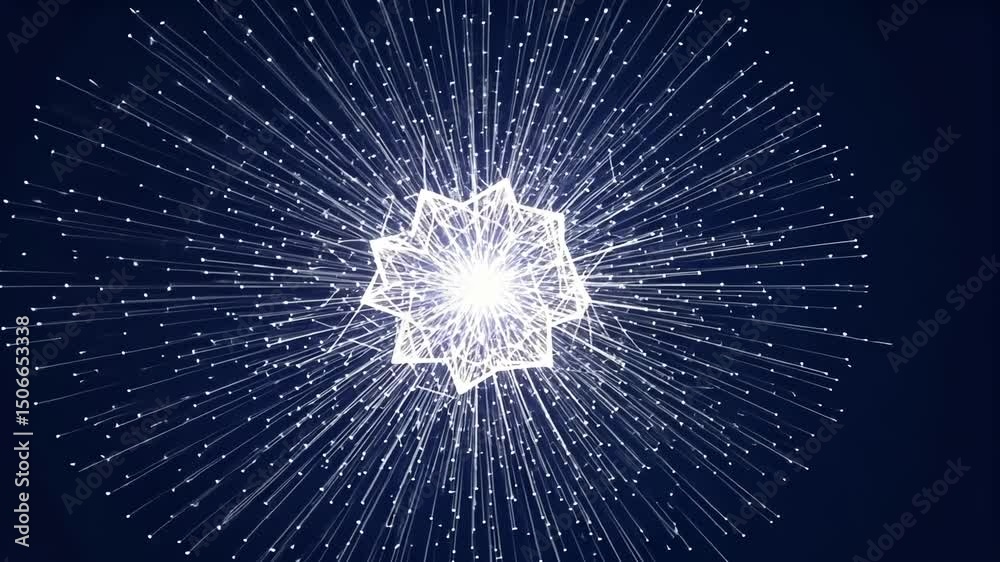 Abstract Sphere Of Light And Energy Against Dark Blue Background With Animated Glowing Particles