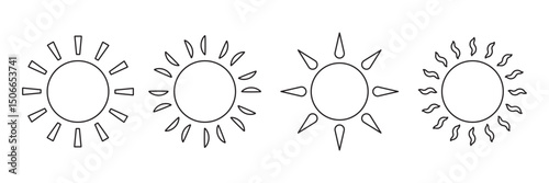 Sun icon set in yellow color on white background. Sun simple icons collection. Yellow sun icon set, sunshine and solar glow, sunrise or sunset. Vector illustration. EPS 10