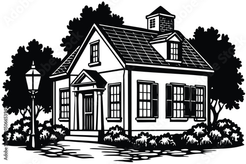 Charming Black and White Illustration of a Quaint Country House