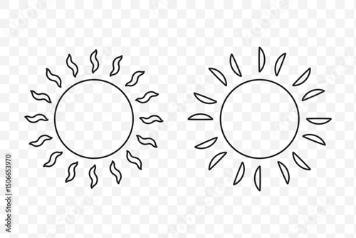 Set sun isolated on a transparent background. Vector illustration in outline style. For cards, logo, decorations. EPS 10.