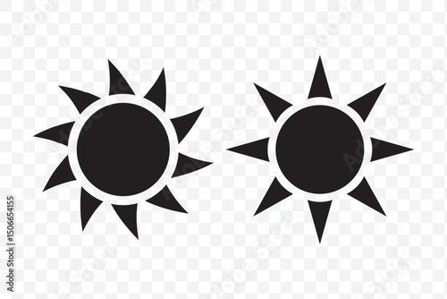 Sun icon set in black color on white background. Sun simple icons collection. Black sun icon set, sunshine and solar glow, sunrise or sunset. Vector illustration. EPS 10