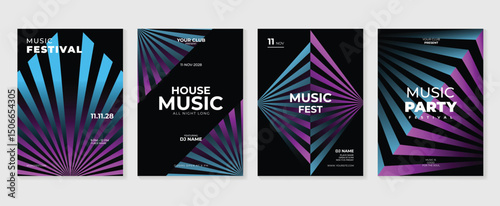 Music poster design background vector set. Electro Sound Cover template with purple abstract gradient geometric shape, line. Ideal design for social media, flyer, party, music festival, club.