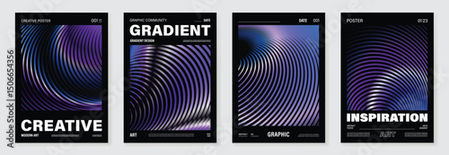 Modern gradient poster background vector set.Cover template with purple perspective geometric prism shapes, line. Ideal design for social media, cover, banner, flyer.