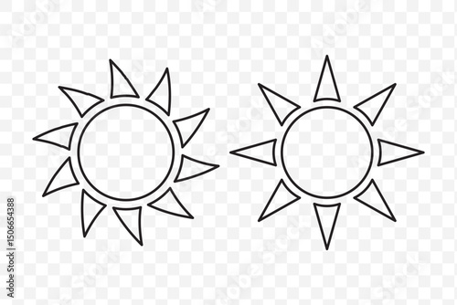 Set sun isolated on a transparent background. Vector illustration in outline style. For cards, logo, decorations. EPS 10.