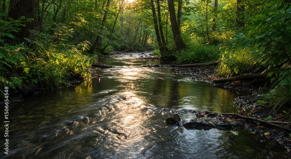 Fototapeta premium Sunlit stream meanders through forest creating an ethereal natural scene