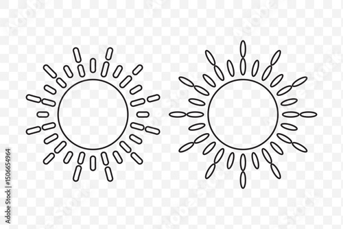 Set sun isolated on a transparent background. Vector illustration in outline style. For cards, logo, decorations. EPS 10.