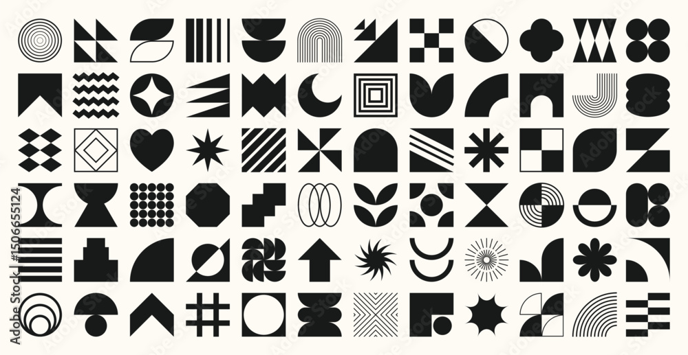 Set of abstract black and white geometric shapes vector. Collection of contemporary figure, flower, circle, sparkle, pixel, arrow, line. Design element perfect for banner, prints, stickers, decor.
