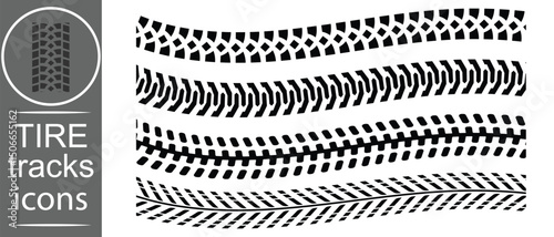 Tire tracks icon set. Tire track mark icon vector set Silhouette. Car wheel tires track footprints, vehicles tires footprints, tires track set, tread brushes, wheel treads, vector illustration.