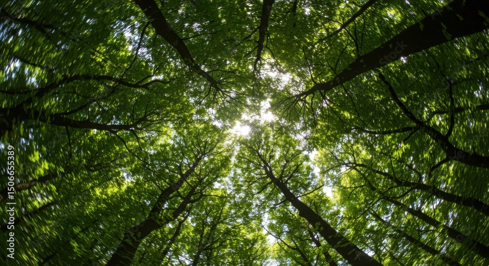Fototapeta premium Sunlit Canopy Towering trees reach for the sky in a vibrant upward perspective