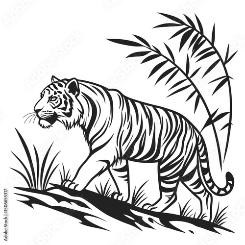 Striking monochromatic illustration of a majestic tiger in a lush jungle setting