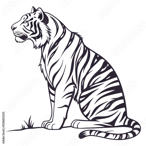 Majestic tiger illustration in black and white with a strong, fierce look