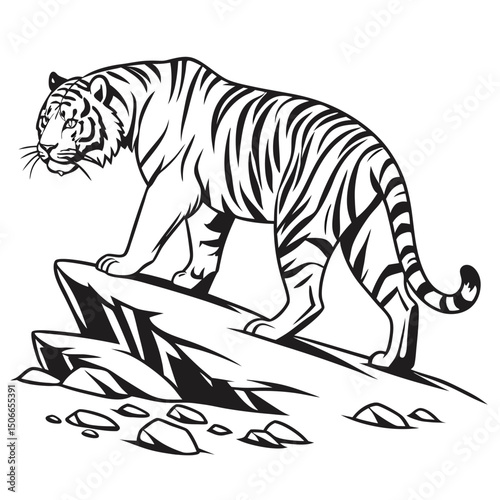 Striking Black and White Illustration of a Majestic Tiger on Rocks