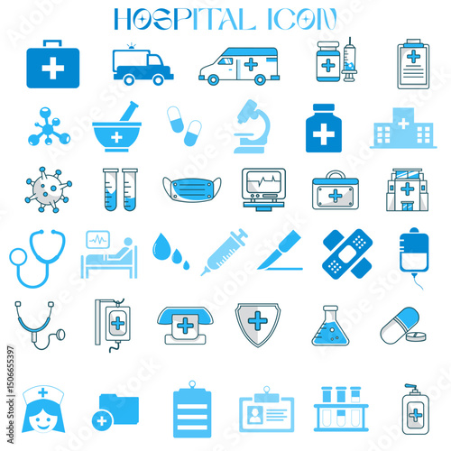 Medical icon. Set of hospital, healthcare, medical instruments, ambulance, medicine themed icons. Solid vector icons.