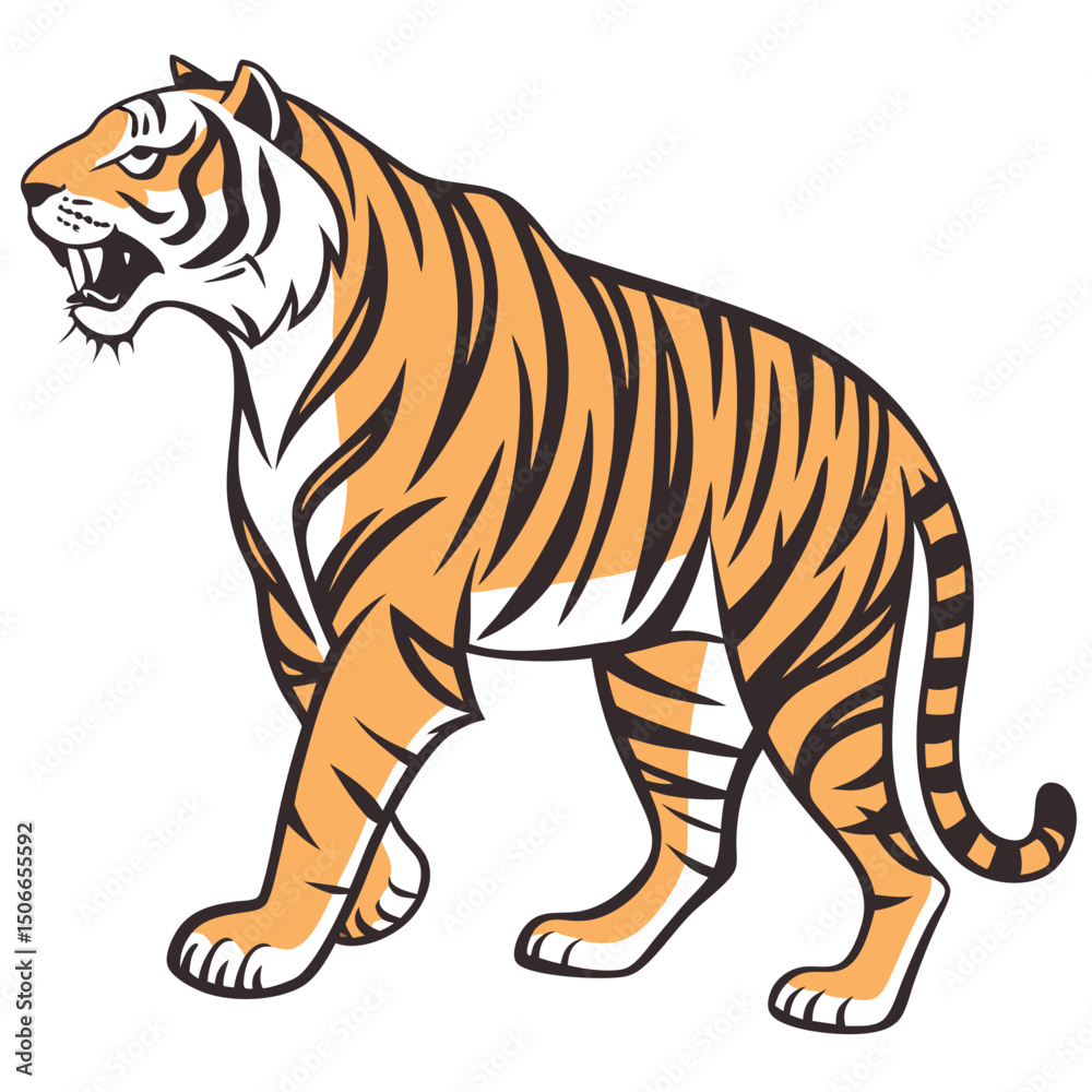 Fototapeta premium Illustration of a majestic tiger with black stripes walking forward calmly
