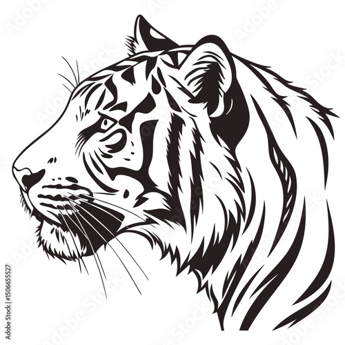 A striking black and white illustration of a tiger head profile view